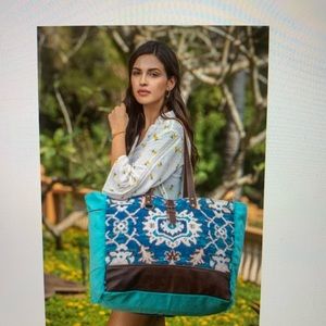 Myra turquoise canvas, leather weekender bag